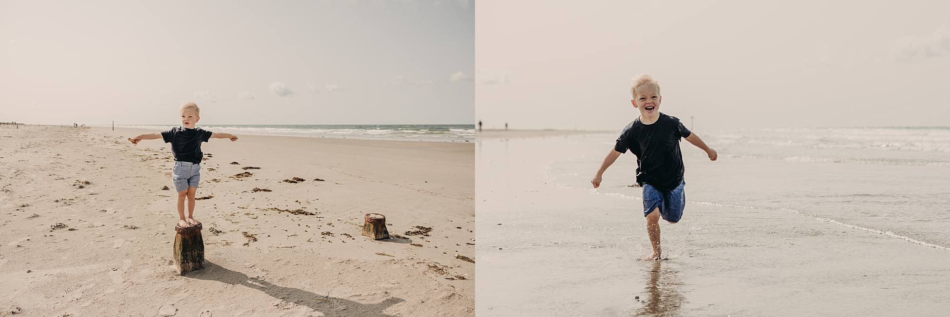 Family running barefoot along the shoreline during their West Wittering beach photo session