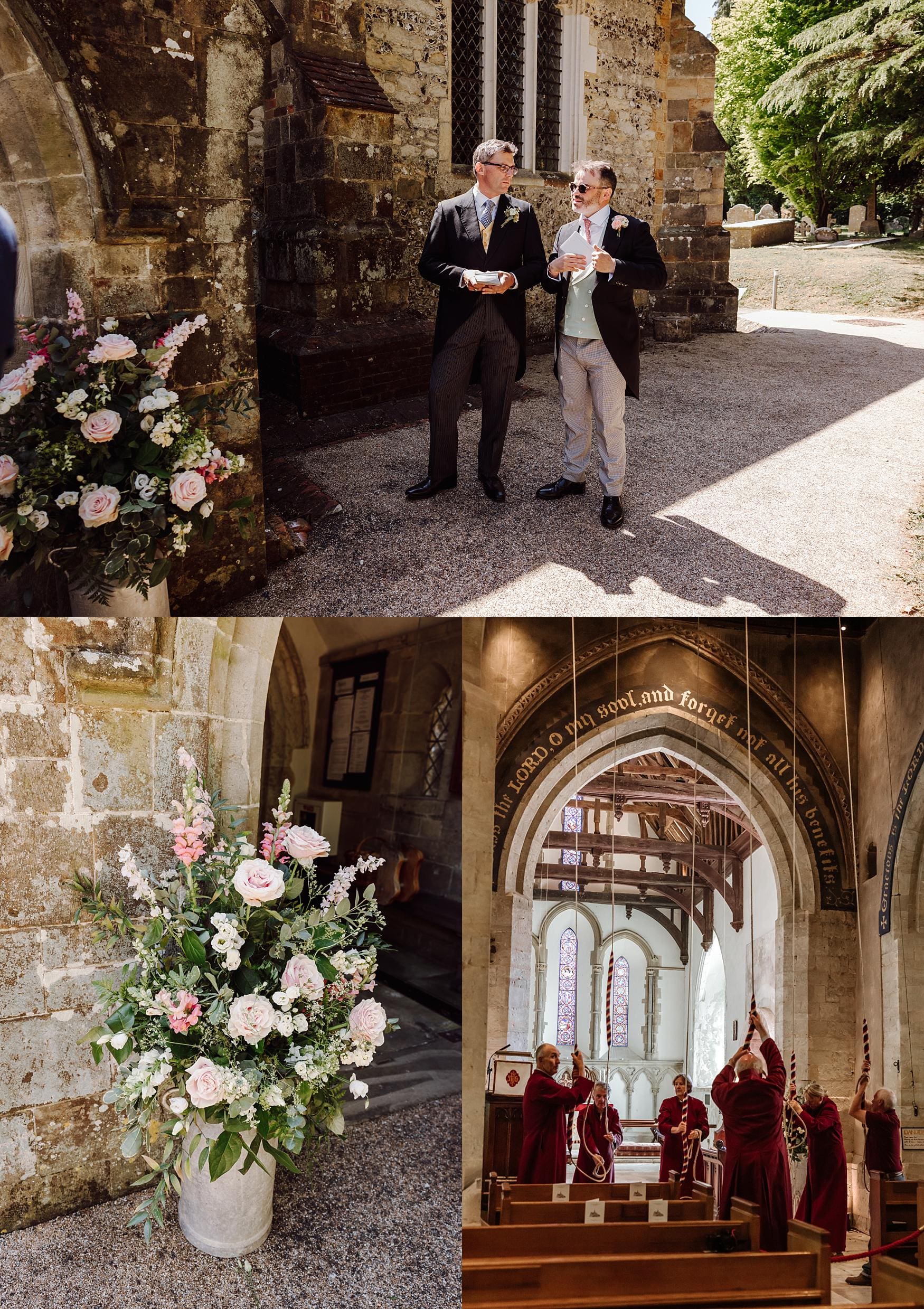 Wedding morning at The Parish Church of Saint Mary and Saint Gabriel in Harting, featuring floral arrangements, guests outside and traditional bell ringing before the ceremony.