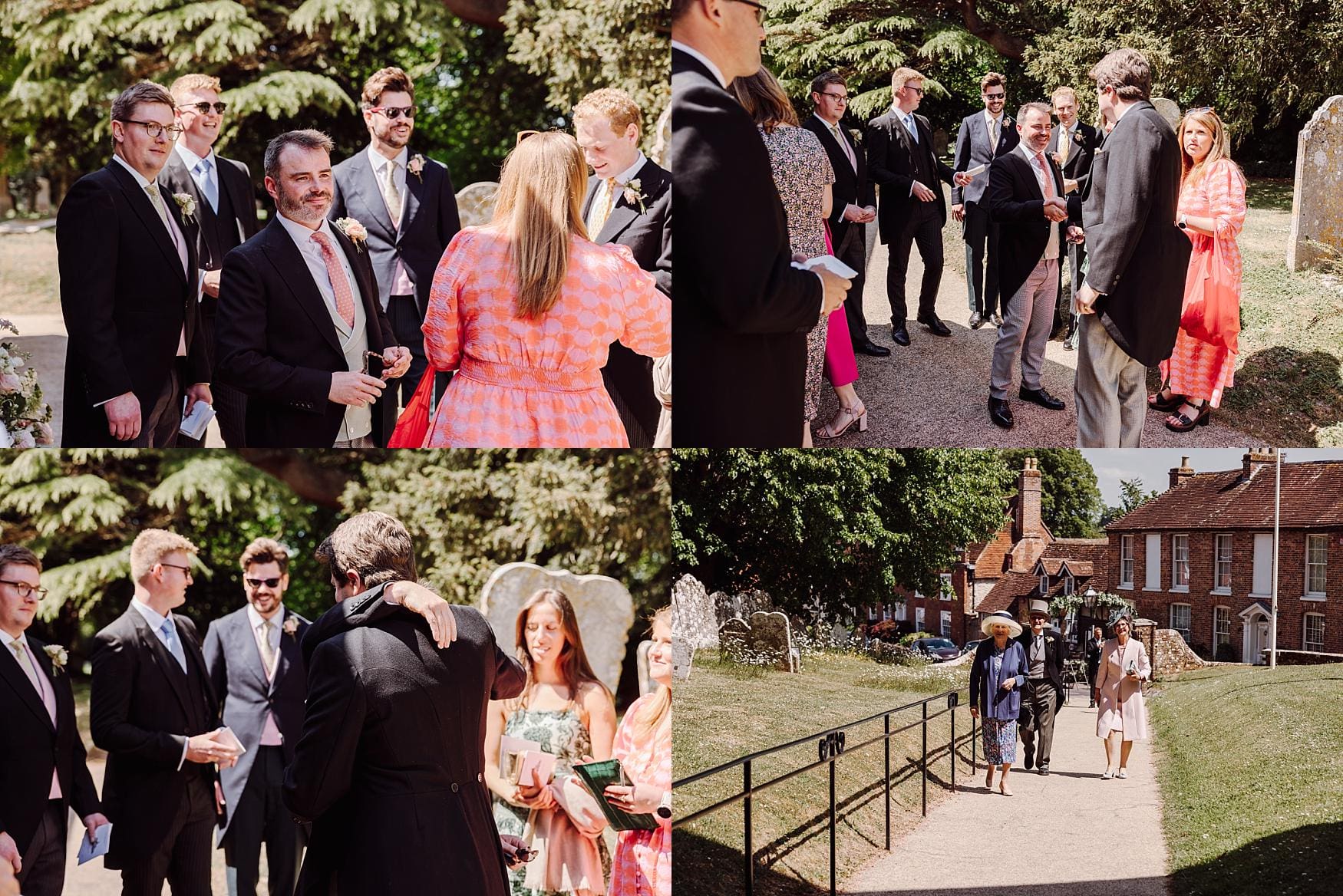 Guests chatting and celebrating outside The Parish Church of Saint Mary and Saint Gabriel in Harting after a spring wedding ceremony, captured by a Chichester wedding photographer.