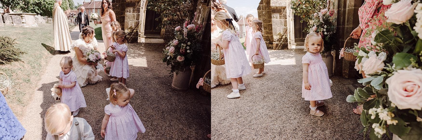 Bride and flower girls outside the church in Harting near Petersfield, captured in a relaxed spring wedding moment by a Chichester wedding photographer.