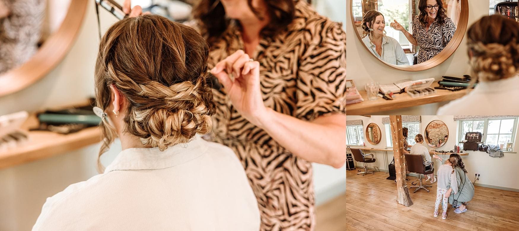 Bride having her hair styled during relaxed wedding morning preparations at Tithe Barn Petersfield, a rustic Hampshire barn venue with wooden beams and soft natural light.