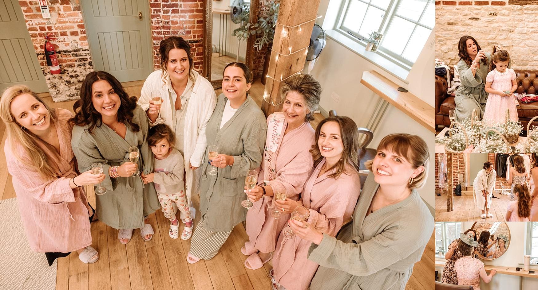 Bride surrounded by bridesmaids and family during relaxed wedding morning preparations at Tithe Barn Petersfield in Hampshire.