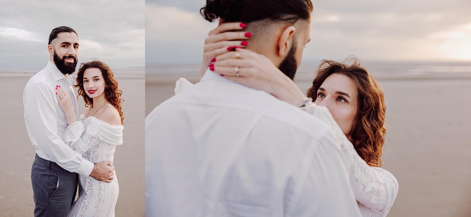 Close up engagement portrait of couple embracing at sunset on West Wittering Beach in West Sussex.