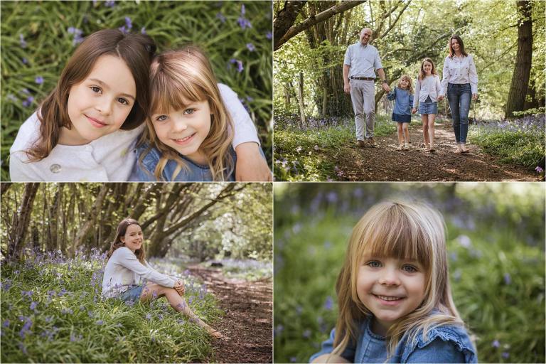 Family and children photographed in bluebell woodland in Hampshire, natural spring mini session with soft light and candid moments