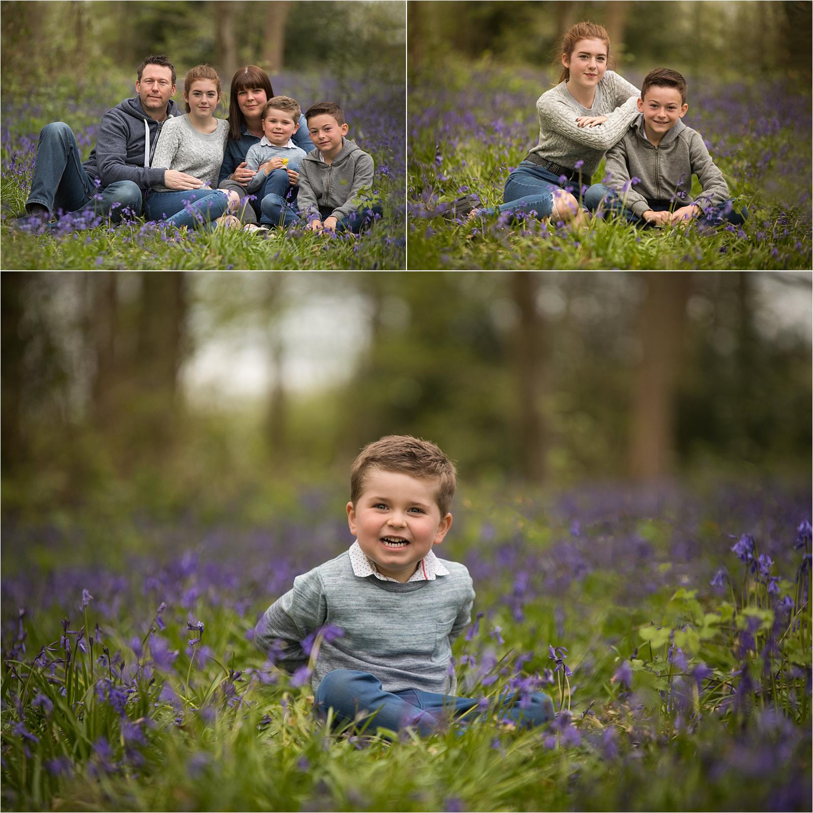 Family and children portraits in bluebell woodland in Hampshire, natural spring mini session with relaxed outdoor photography