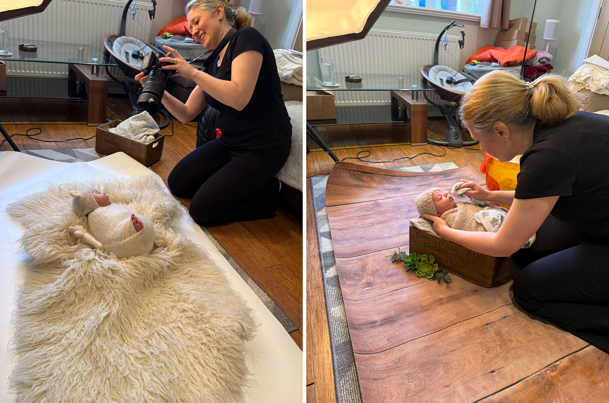 behind the scenes a photographer working at clients home newborn session