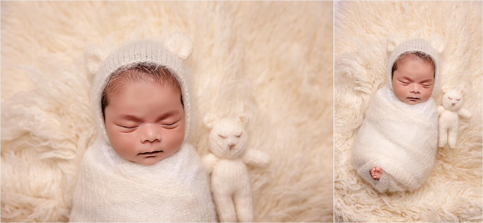 Collage of newborn baby boy on cream fur wrap in two poses, home newborn session Littlehampton West Sussex