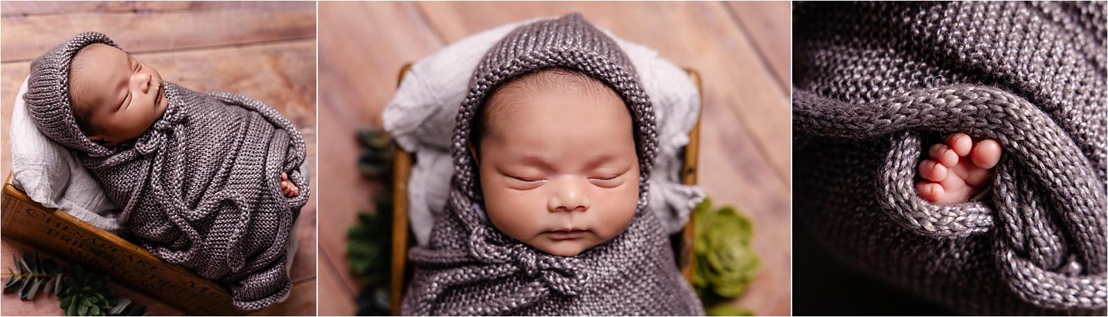 Collage of newborn baby boy in grey knit wrap and bonnet, home newborn photography Littlehampton West Sussex