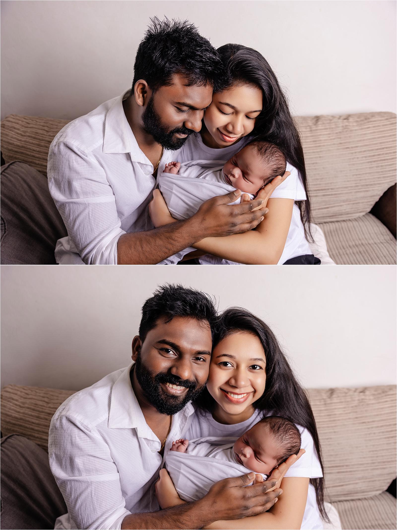 Dad holding newborn baby boy with mum beside him, family newborn photography Littlehampton West Sussex