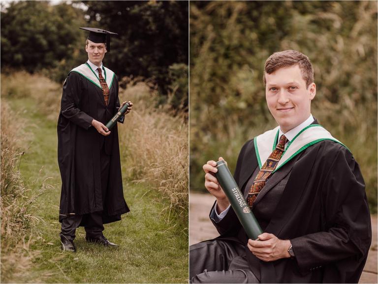 Graduate wearing his mortarboard on a grassy path, with a close-up of the University of Stirling scroll