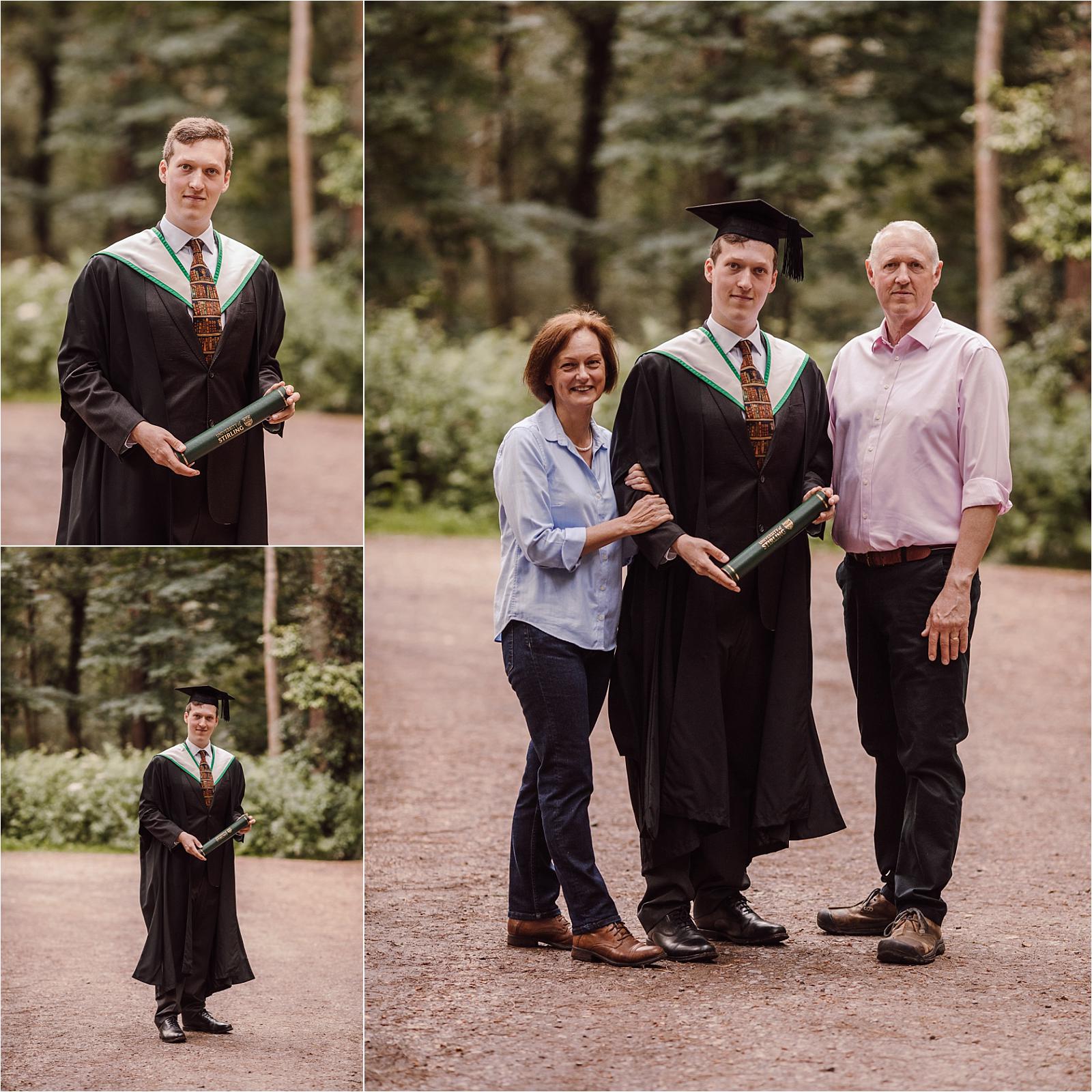 Graduate seated on a fallen log in green woodland, with family photos among the tall pine trees — graduation photography Chichester