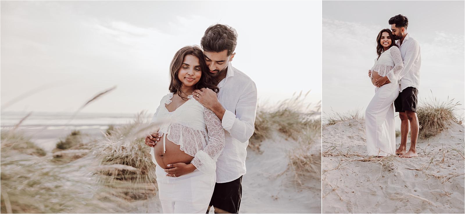 Two views of a couple embracing in the dunes during their maternity photoshoot at West Wittering