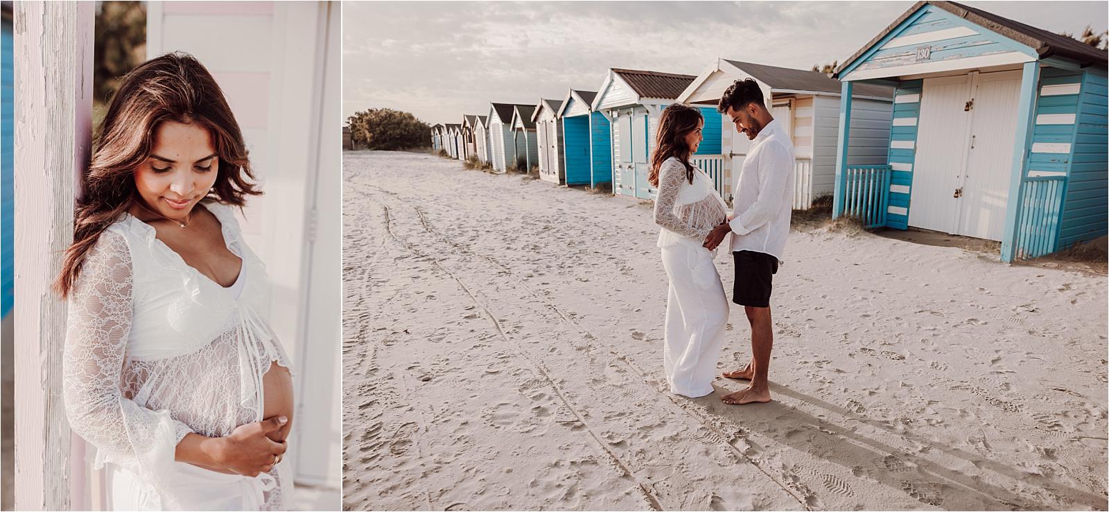 Two views of an expectant couple beside the colourful beach huts at West Wittering