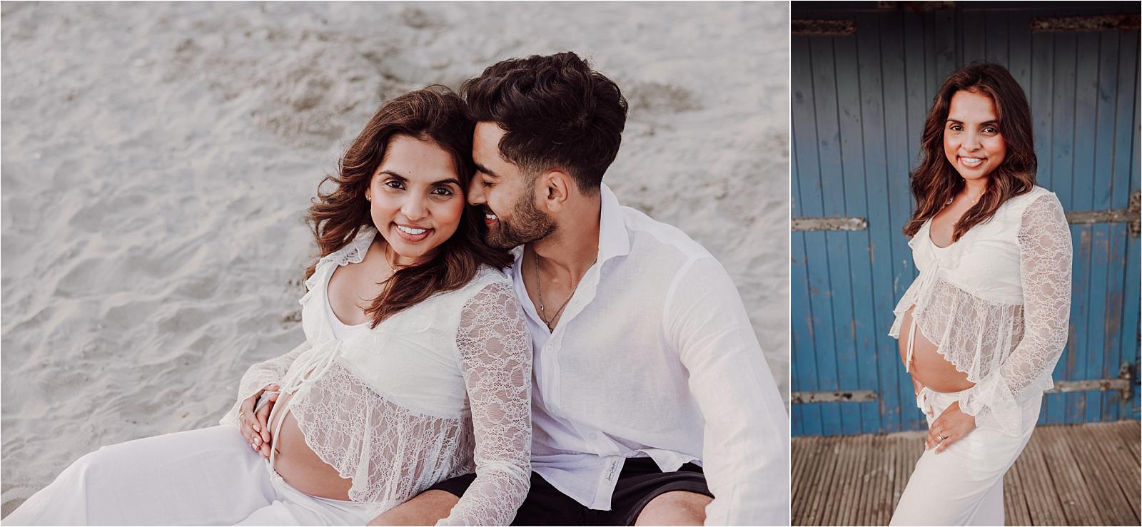Two portraits of an expectant couple beside a blue beach hut door at West Wittering
