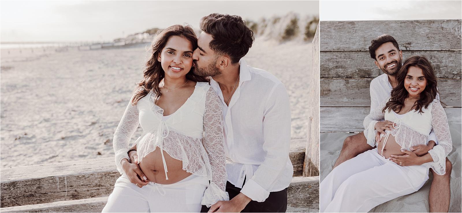 Two portraits of a couple during their maternity photoshoot at West Wittering beach