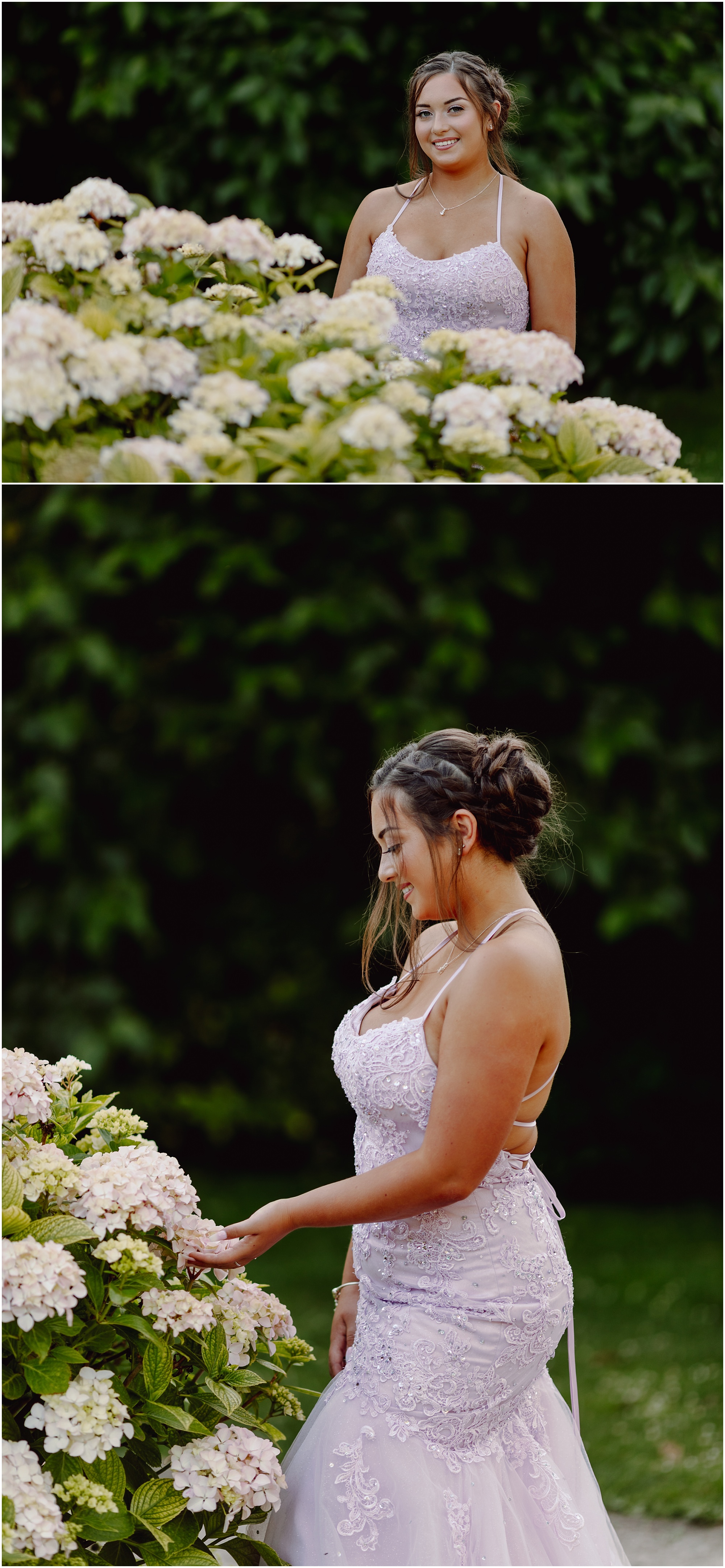 Close side profile against the dark hedge: Teenager in a lilac prom dress turning away against dark garden greenery in Chichester
