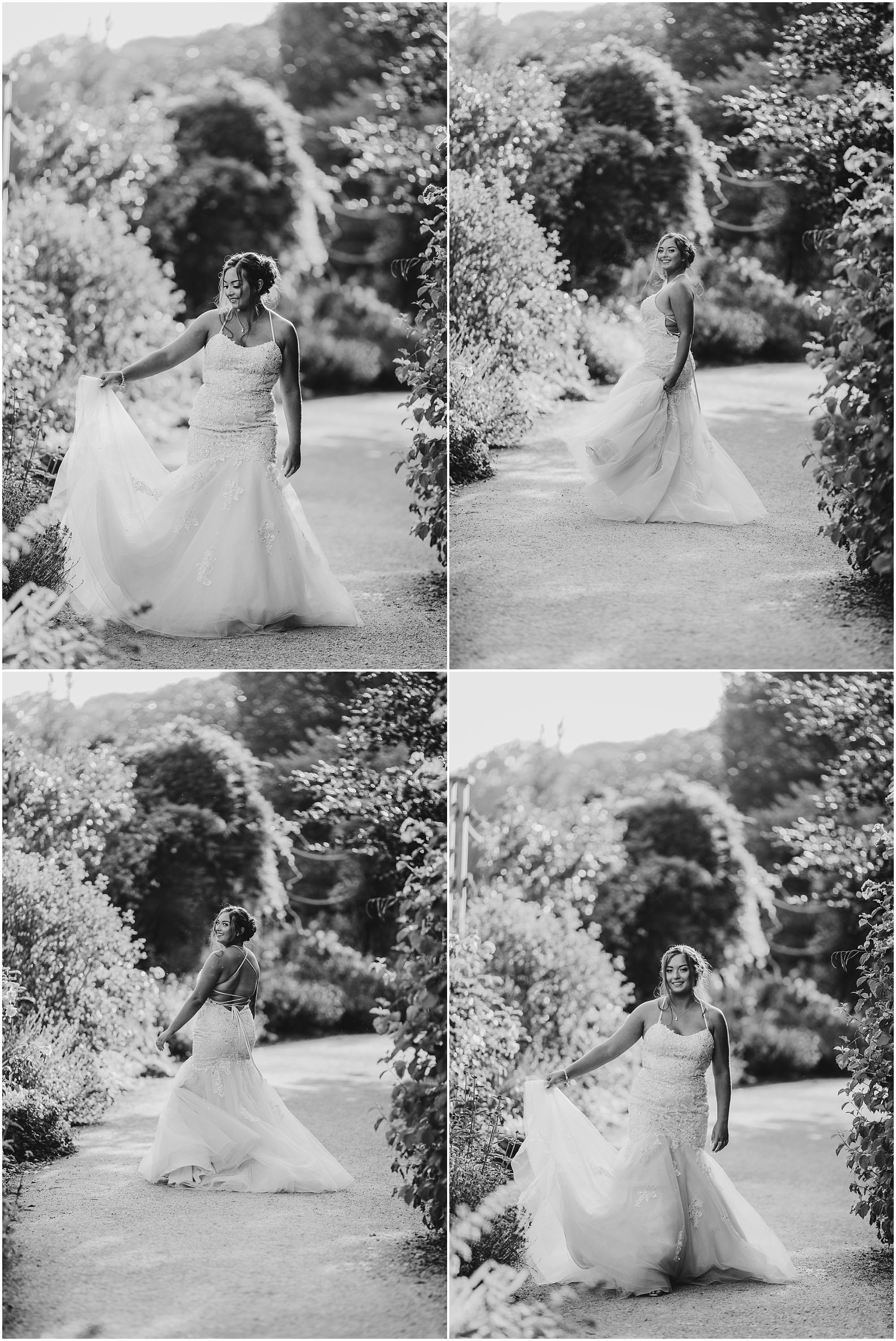 Black and white, four panels, twirling on the gravel path Prom photoshoot Chichester in black and white as a teenager twirls her dress along a garden path