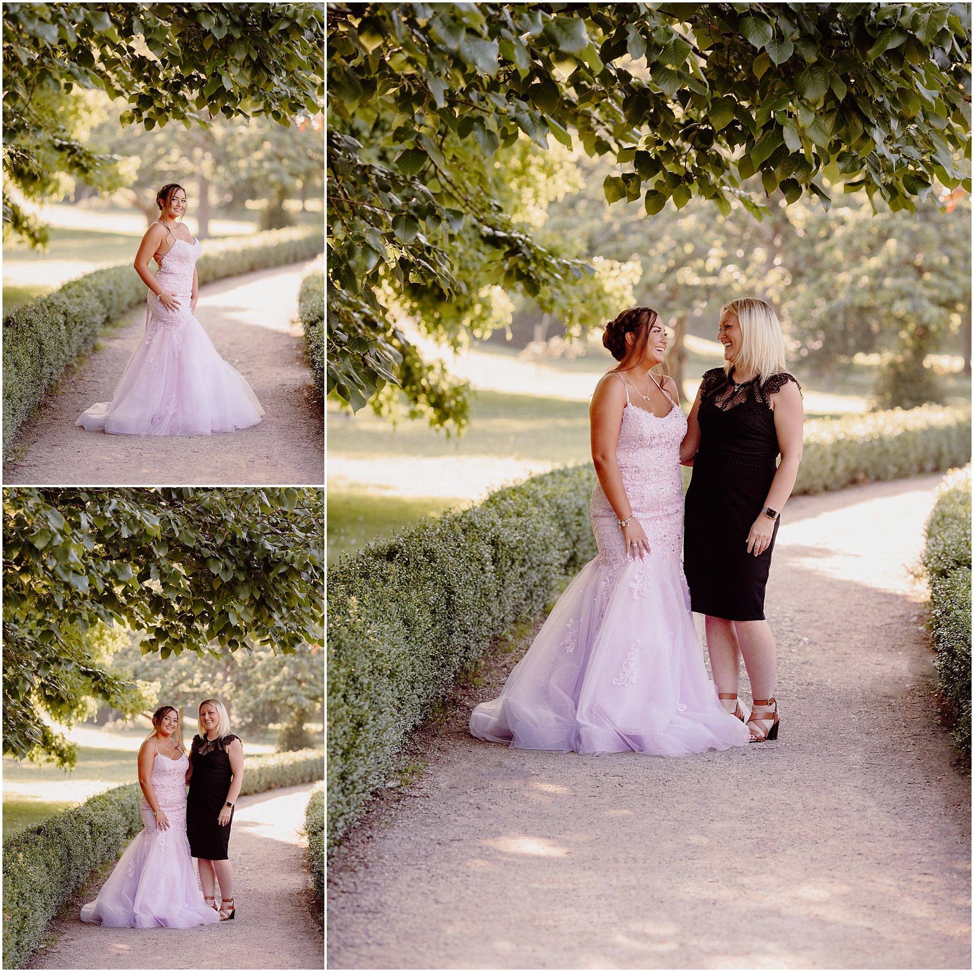 Garden path panels with a group shot below: Teenager in a lilac prom dress on a garden path with family in Chichester