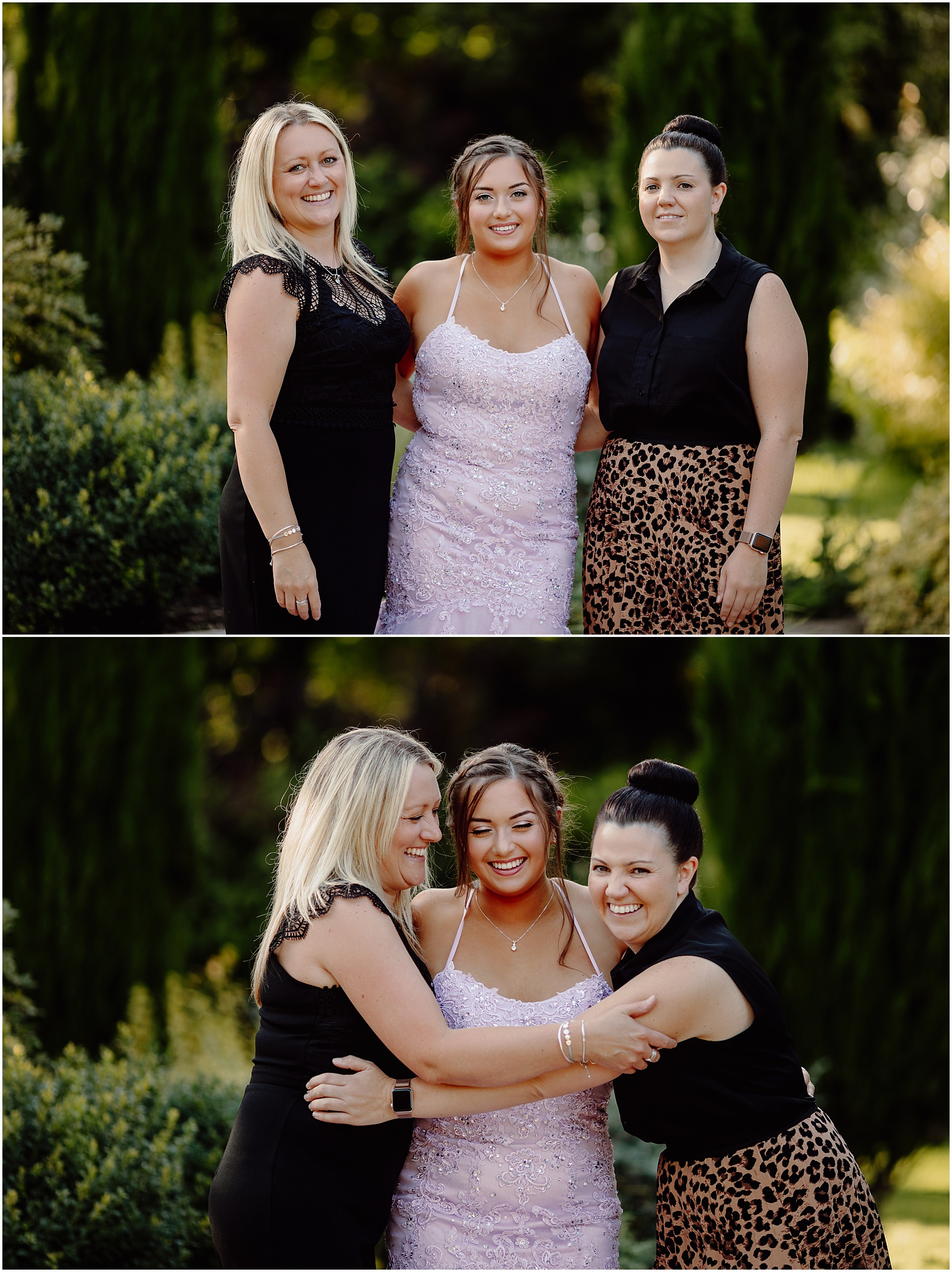 Two group portraits, standing then hugging: Mum and aunt hugging a teenager at her prom photoshoot in West Sussex