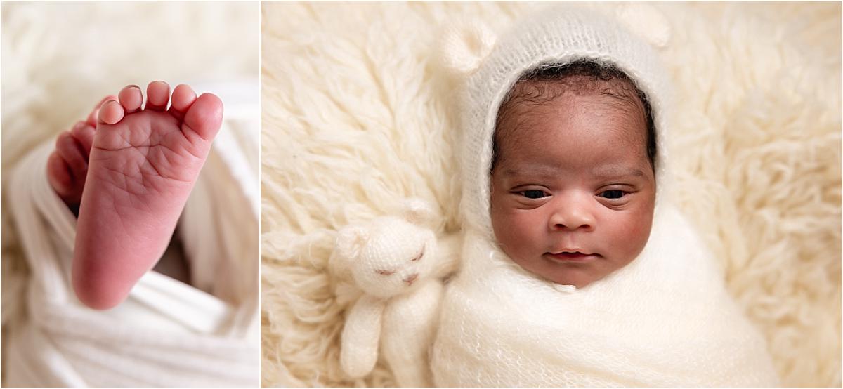 Middle image, if it is the feet-and-fur shot rather than the bonnet one: Close up of newborn baby feet and a baby resting on a cream fur blanket at home in Havant