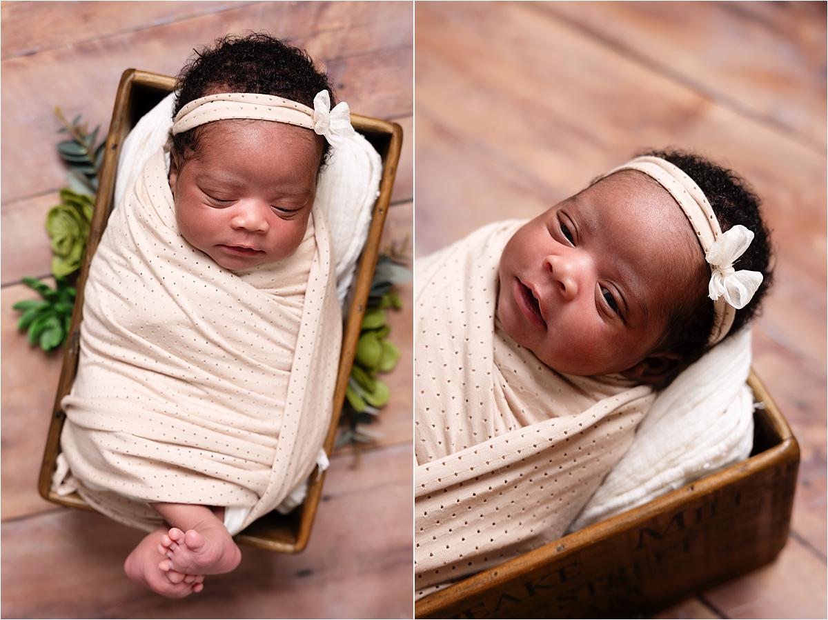 newborn-photographer-havant-wooden-crate Newborn photographer Havant photograph of a baby wrapped in cream resting in a wooden crate